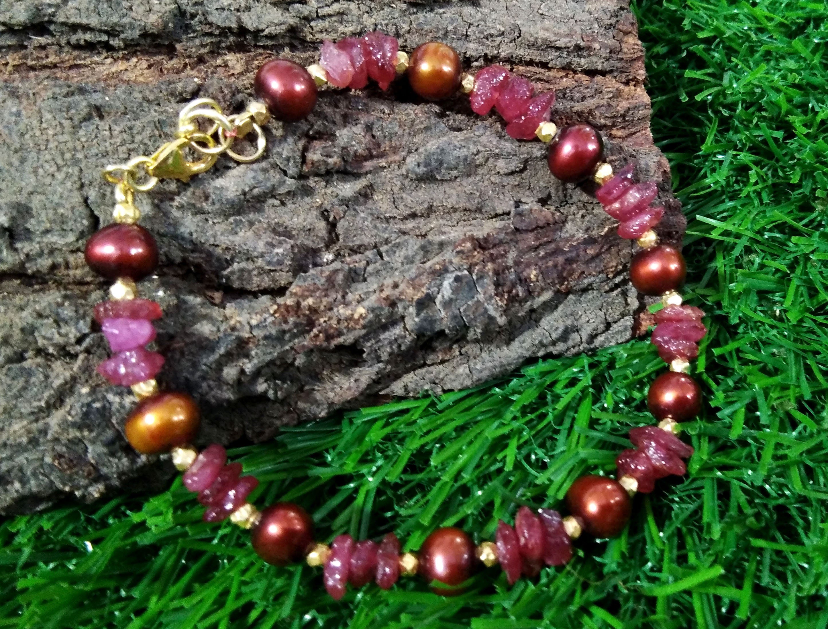 Awesome Natural Ruby Rough & Brown Pearl Bracelet, 925 Sterling Silver With Gold Plated Adjustable Bracelets, Handmade Making Pearl Bracelet